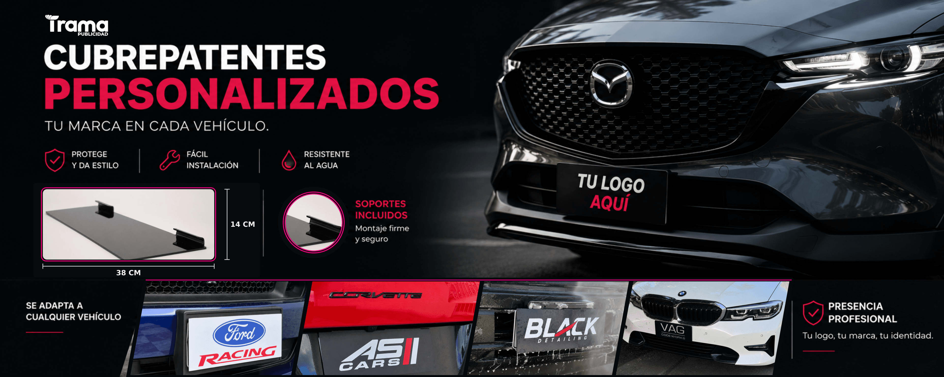 Porta patente personalizado Trama: tu logo impreso en el porta patente de tu auto. Protege y da estilo, fácil instalación, resistente al agua.